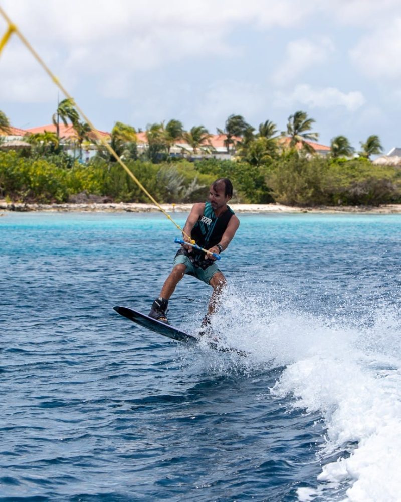 Wakeboarding behind a boat on Bonaire