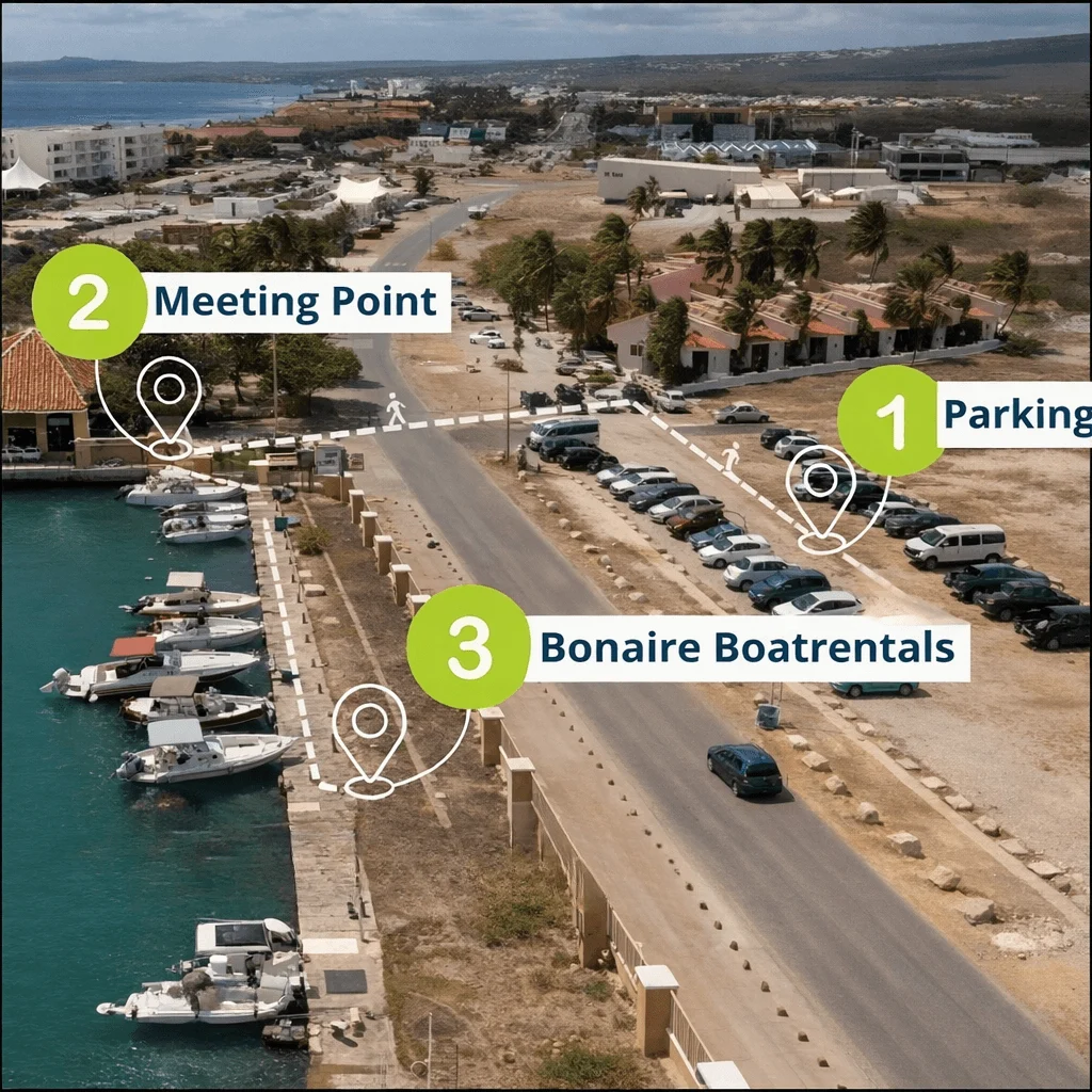 Plattegrond Harbour Village Marina met meeting point, parking en Bonaire Boat Rentals